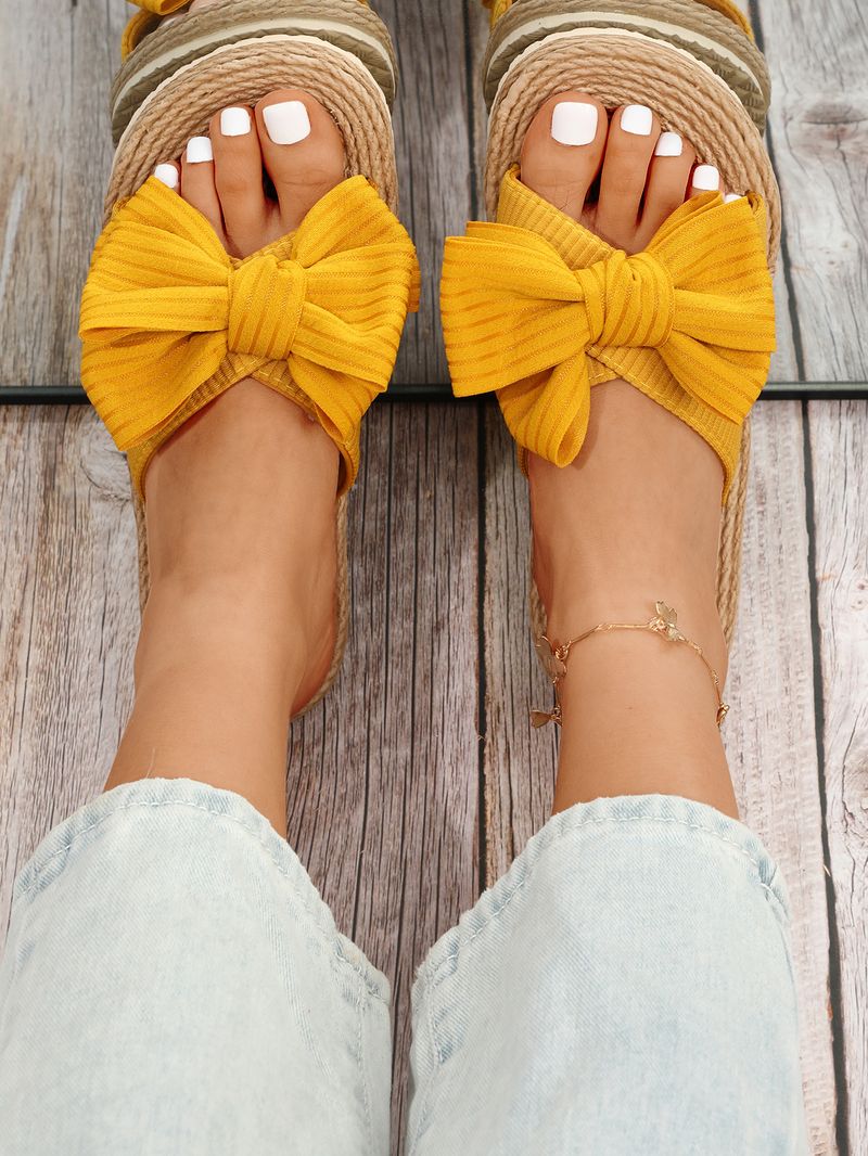 Γυναικεία Παπούτσια INS Χειροποίητα One Word Σχοινί Ψάθινο Υφαντό Four Seasons Νέα ραφές εξωτερικού χώρου Φιόγκος επίπεδη τακούνι παντόφλες για εξωτερικούς χώρους_voghion.com