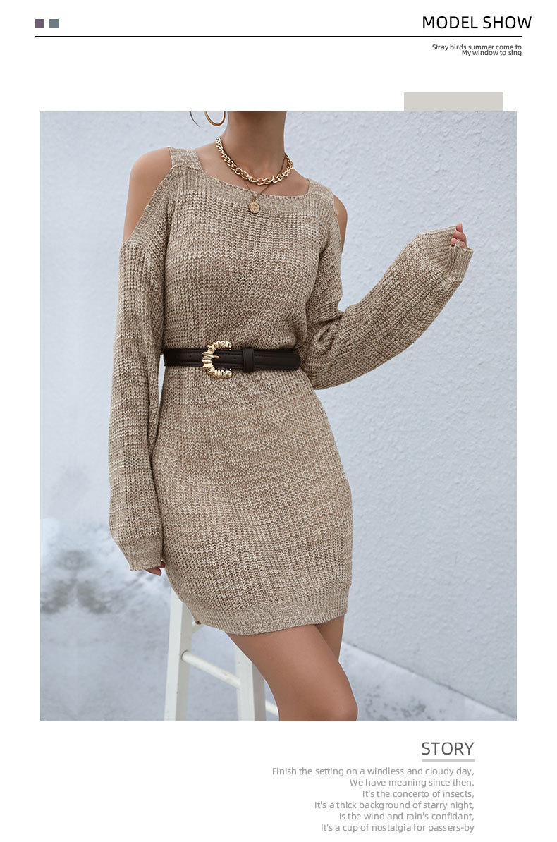 Einfarbiges, langes, einzeiliges Kragen-Hohl-Schulter-Pulloverkleid mit langen Ärmeln_voghion.com