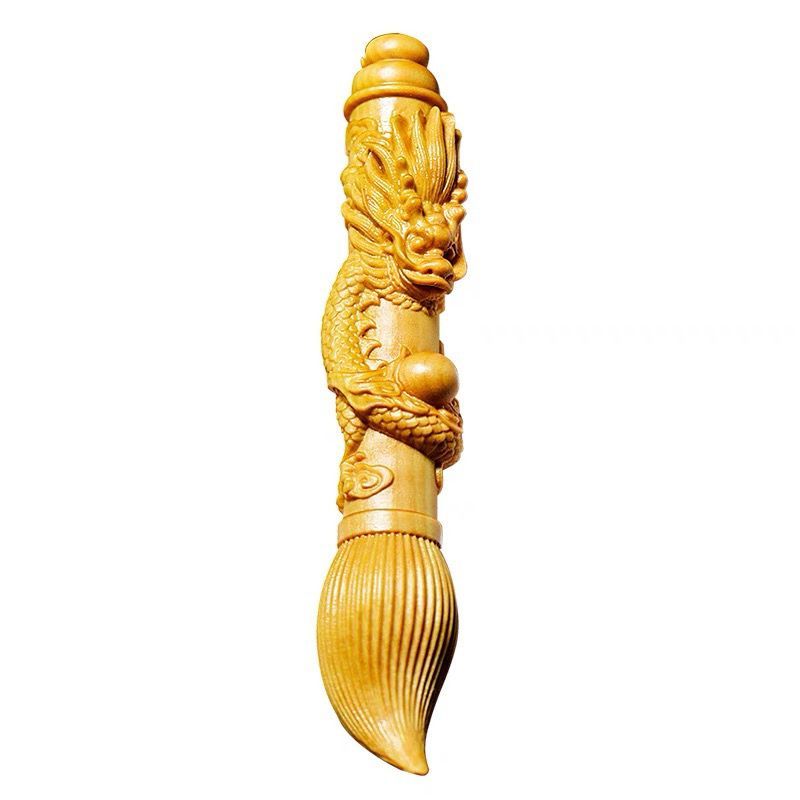 Small Leaf Boxwood Carving Coiled Dragon Gold List Name Calligraphy Brush Cultural Plaything Handheld Ornament Exam_voghion.com