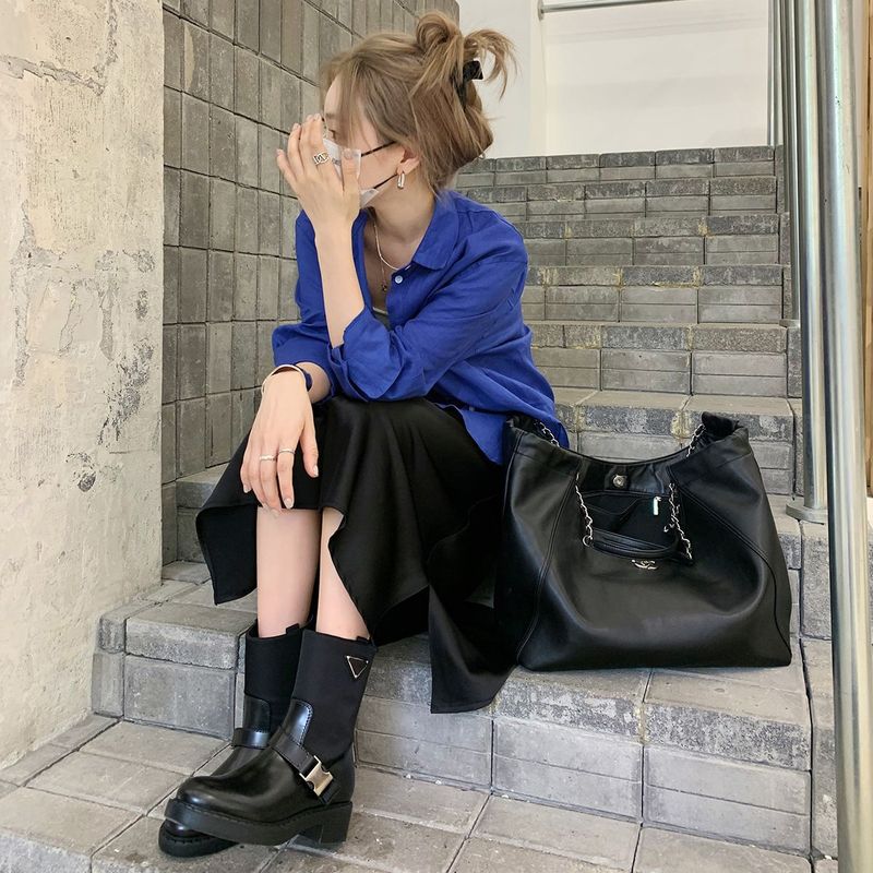 Grape Mom Studiolee New York Avue Flat Punk Hot Girl One-Strap Square Buckle Patchwork Thick-Soled Short Boots für_voghion.com