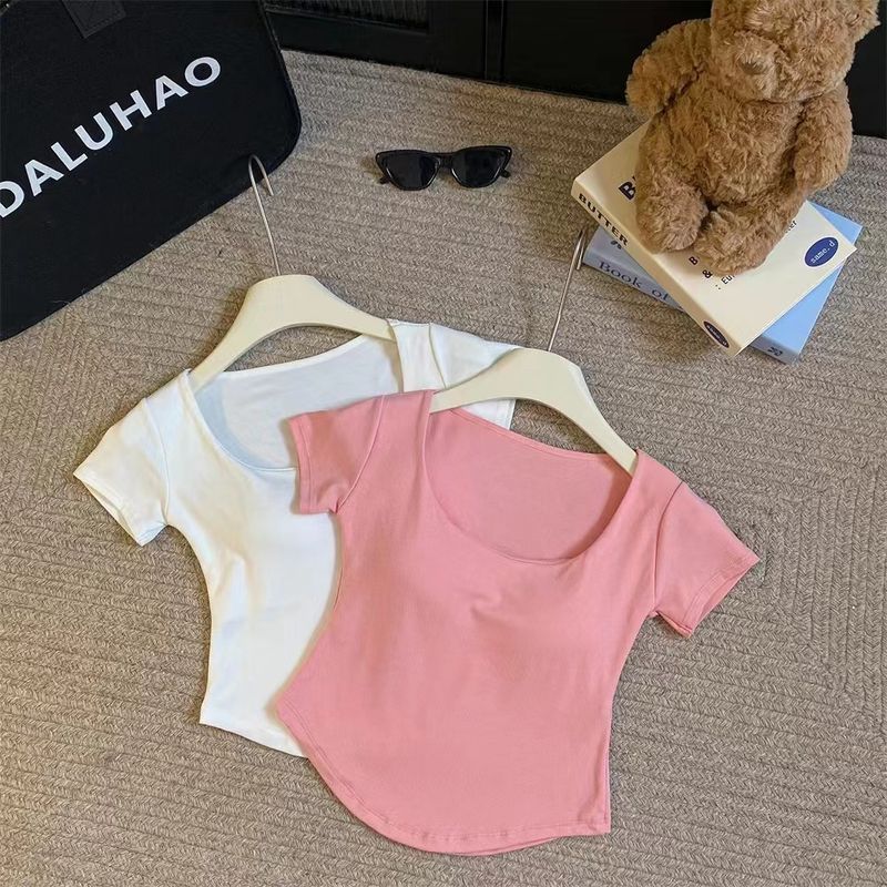 Intimo da donna in cotone a maniche corte, stile semplice con imbottitura sul petto, maglietta corta a maniche corte da ragazza calda, top estivi versatili di nicchia_voghion.com