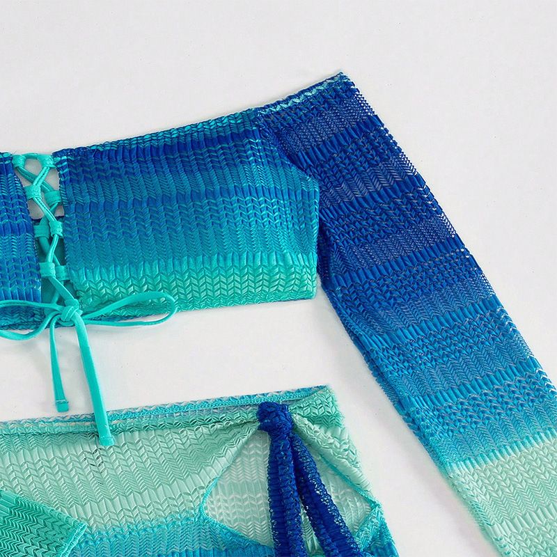 Dameskleding Badpak Dames Kleur Matching Trekkoord Lange Mouw Strandjurk Bikini Badpak Driedelige Set_voghion.com