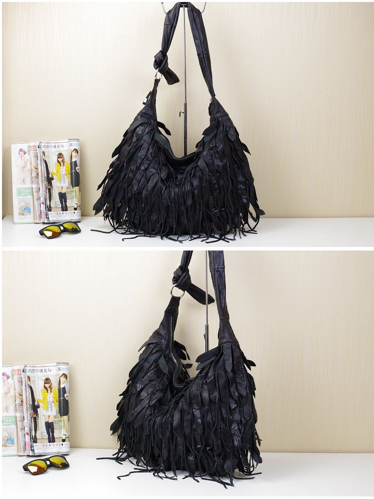 Bolso de piel nuevo para mujer, bolso hobo personalizado con borlas de rayas negras, suave y casual para mujer, bolso de hombro, bolso de piel de oveja para mujer_voghion.com