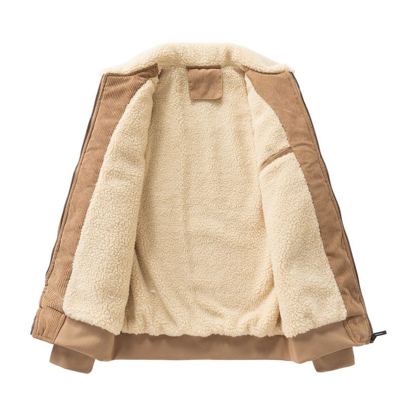 Herren-Arbeitsjacke aus Cord – Vintage-Passform im Relaxed Fit mit gestepptem Futter, winddichter Mantel mit Reißverschluss für den Winter (Schwarz/Anthrazit/Karamell, 100 % Polyester)_voghion.com