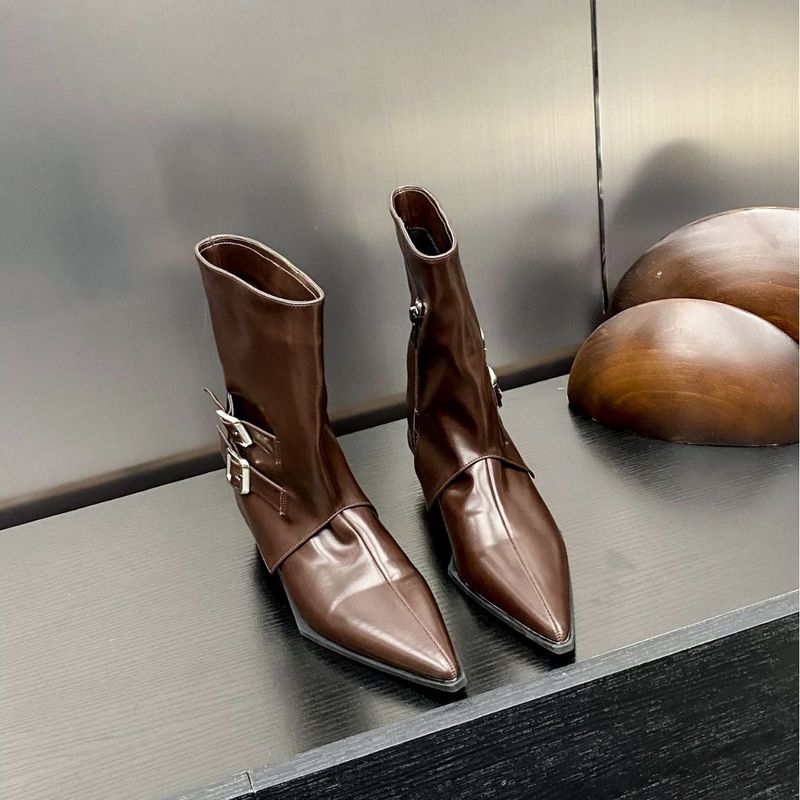 Stivali bassi da donna alla moda Martin con cerniera laterale, fibbia della cintura decorata, punta a punta, autunno 2024_voghion.com