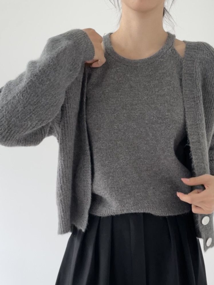 Lazy Knit Cardigan Set Damen Zweiteiliger V-Ausschnitt Langarm Pullover mit offener Vorderseite und Trägerweste_voghion.com
