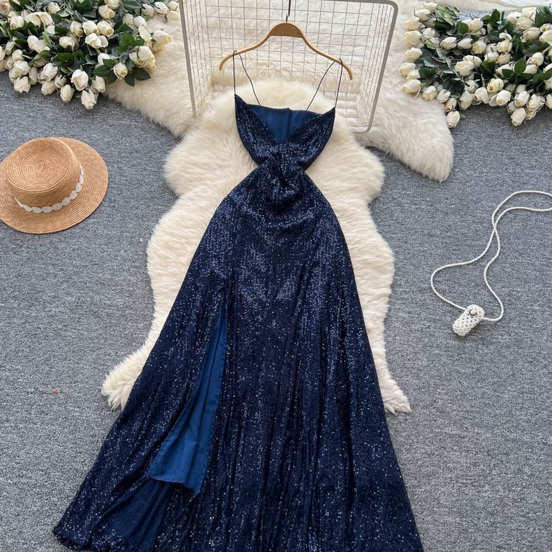 Elegantes, französisch inspiriertes, figurbetontes Kleid mit hohem Beinschlitz und Pailletten – ärmelloses A-Linien-Midikleid für Damen_voghion.com