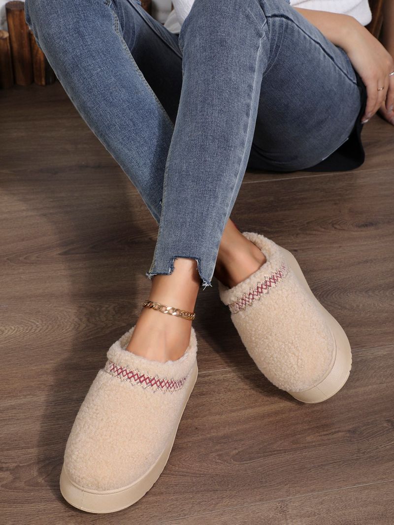 Pantofole invernali slip-on con fodera in pelliccia sintetica, suola in gomma spessa, ricami etnici, comode pantofole da interno/esterno (marrone/bianco/nero/beige)_voghion.com