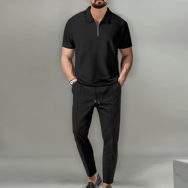 Set pantaloni lungi cu mânecă scurtă și casual pentru bărbați, model Waffle_voghion.com