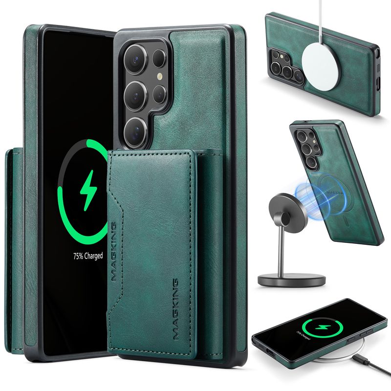 2-in-1-Hülle für Samsung Galaxy S25 S24 Ultra Plus FE Kabelloses Ladegerät Brieftasche Lather Card Pocket Magnetische Kickstand-Hülle_voghion.com