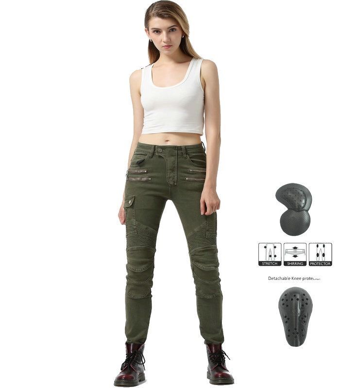 Jeans elasticizzati da motociclista da donna - Pantaloni da motociclista per tutte le stagioni con protezione per le ginocchia, denim ad alta elasticità per la guida fuoristrada e in città (nero/blu/verde)_voghion.com