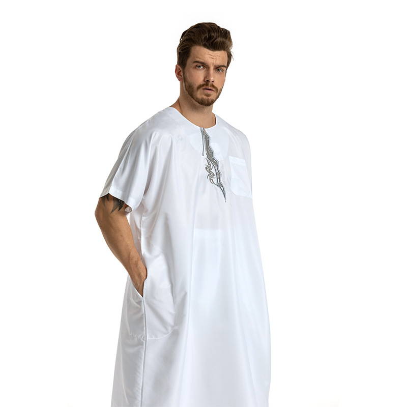 Männerkleeder muslimesch Männerkleed mat gesticktem kuerzen Ärmelen, Ronnhalsmantel fir Männer_voghion.com