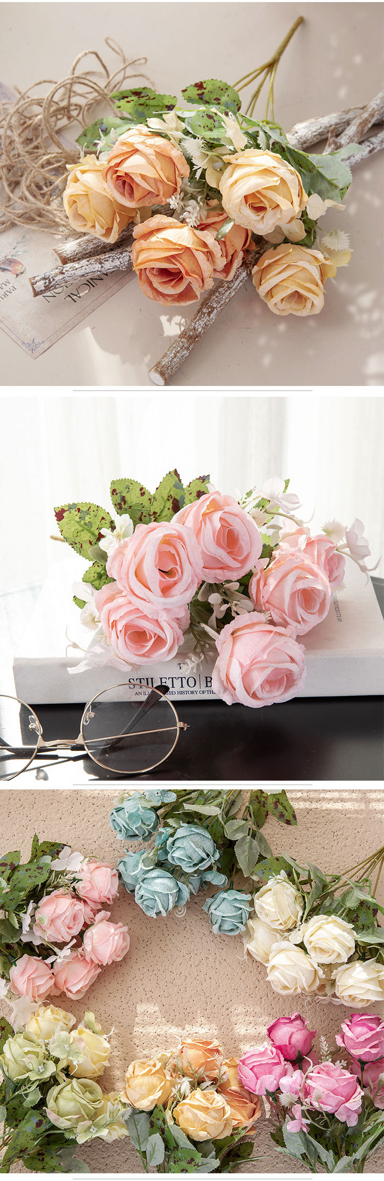 Rose bouquet manufacturer flower wall home decoration wedding bouquet fake flowers cross-border MW55504_voghion.com