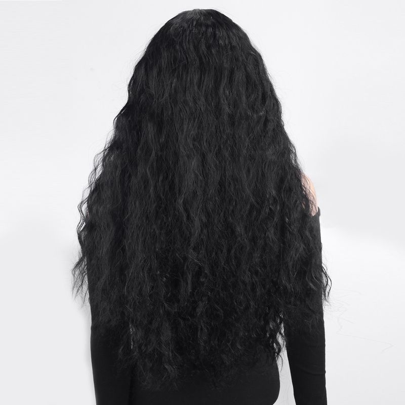 Parrucca con extension per capelli, nuova parrucca per donna, capelli neri ricci alla moda, ondulati, ricci di mais, riga centrale, frangia, copricapo completo._voghion.com