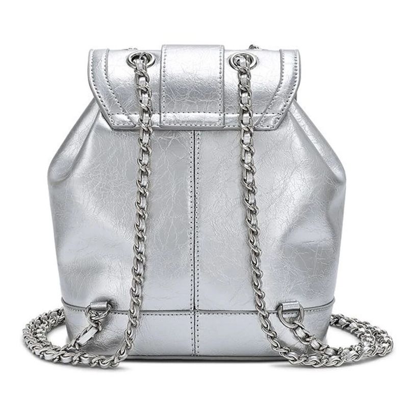 Mochilas femininas de couro PU com cordão, grande capacidade, corrente, alças de ombro ajustáveis, cor sólida, bolsa de viagem_voghion.com