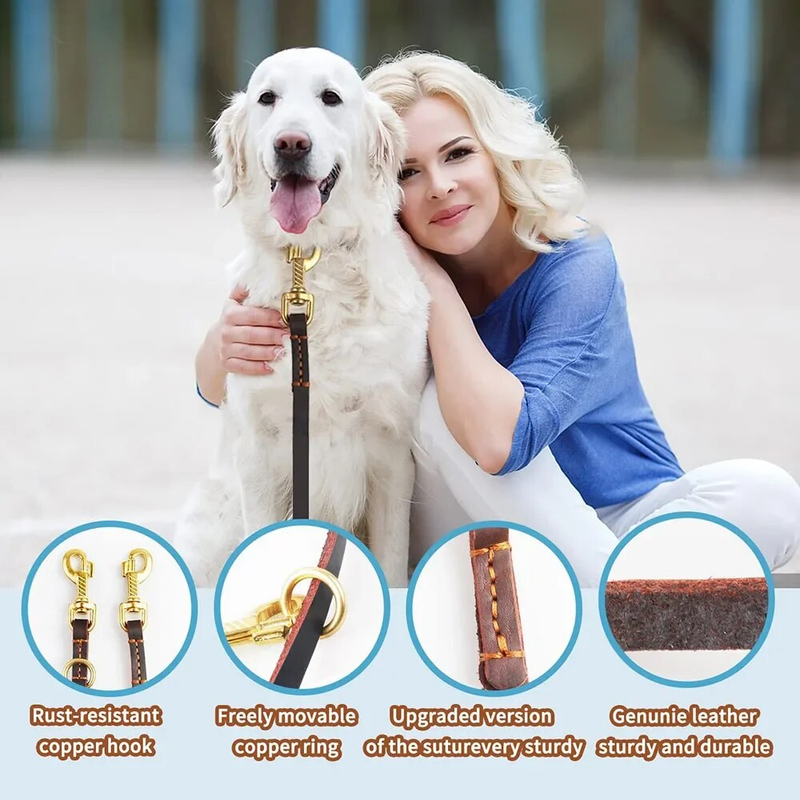 Coleira dupla multifuncional de couro real, forte e macia, ajustável, mãos livres, crossbody, para todos os cães_voghion.com