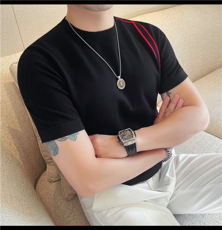 Summer New Products Men's Thick Short Sleeve T-Shirt Threaded Neckline Short Sleeve Knitted Sweater Slim Fit Elastic Bottom Sweater Undershirt_voghion.com