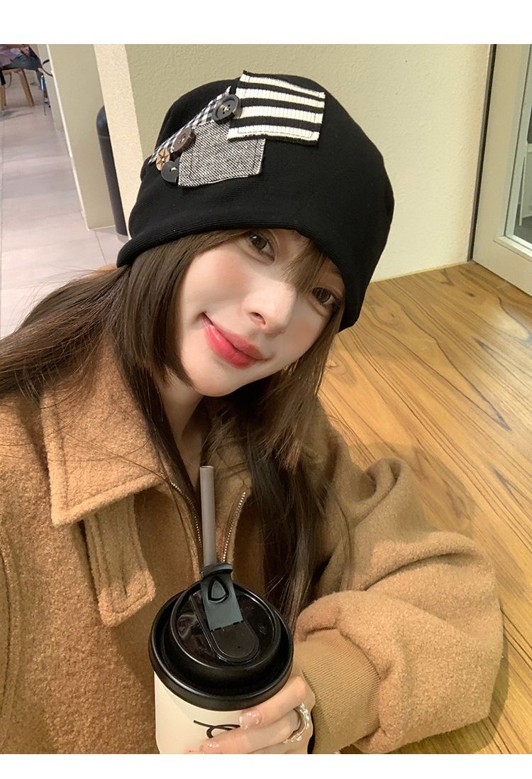 Chapeau à poils noirs pour femme, chapeau froid d'automne et d'hiver, bandeau à rayures, petit visage, grand tour de tête_voghion.com