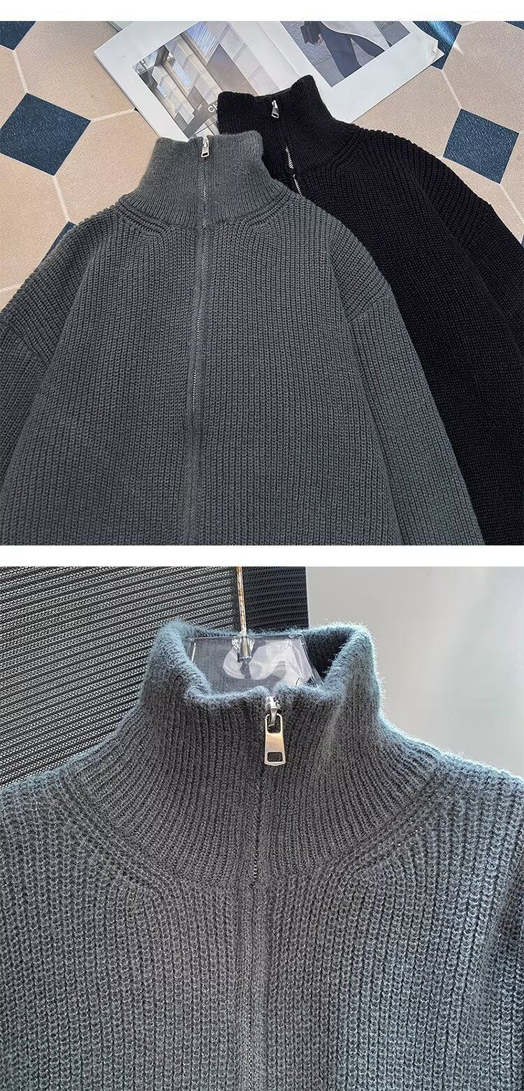 Men's Stand Collar Zip-Up Cardigan – Heavyweight Knit Sweater (Gray/Apricot/Black, M-XXXL)_voghion.com
