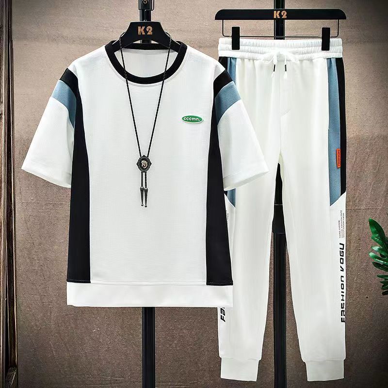 Herrenbekleidung Casual Sportanzug Set Waffel Kurzarm Trend T-Shirt Sets_voghion.com