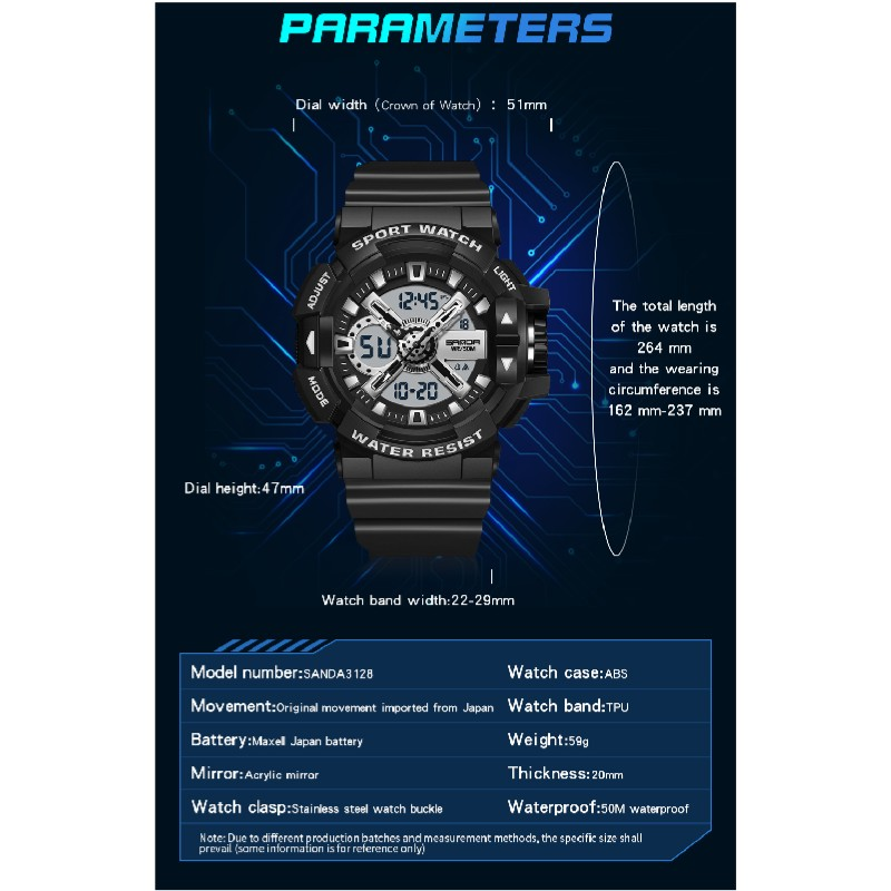 SANDA New Men's Watch Dual Screen Sport 50M Waterproof Digital Watch Quartz Watch Clock Relogio Masculino_voghion.com