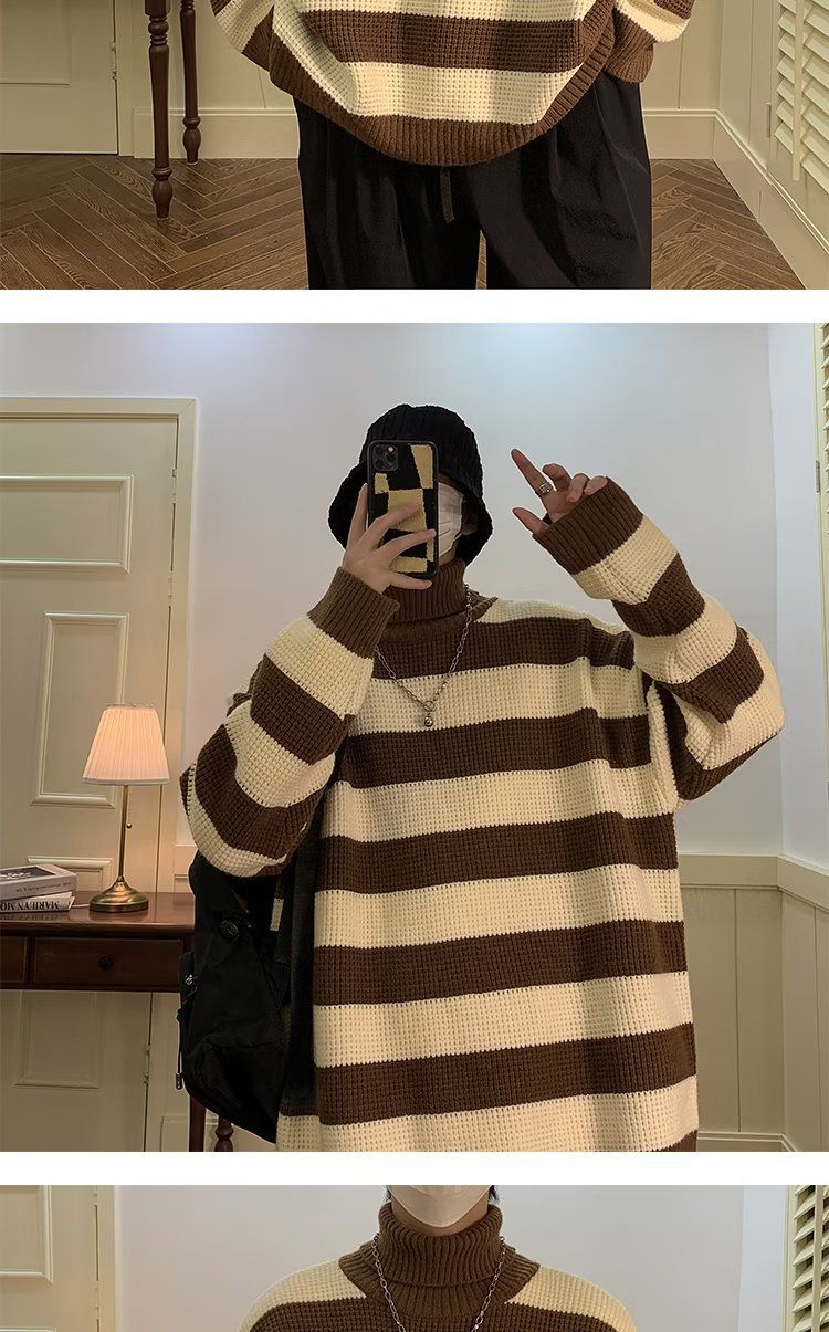 Maglione a collo alto a righe bianche e nere per uomo, stile retrò giapponese, pigro e di alta qualità. Maglione lavorato a maglia con inserti a contrasto_voghion.com