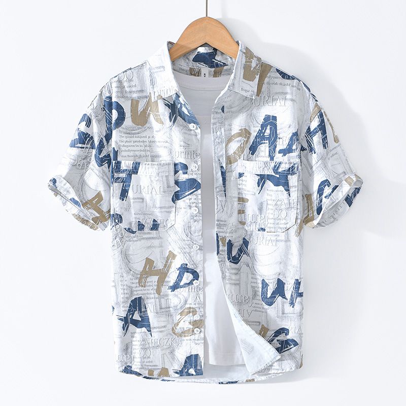 Camicia in cotone a maniche corte con stampa a lettere, alla moda e alla moda, fresca e ampia._voghion.com