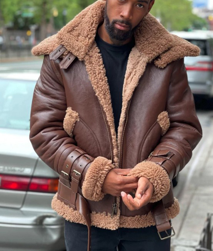 Men's brown double collar belt buckle with fleece thickened men's leather coat_voghion.com