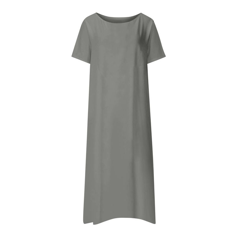 2023 Sommer Neues Langes Damen Casual Solid Kurzarm Rundhalskleid_voghion.com