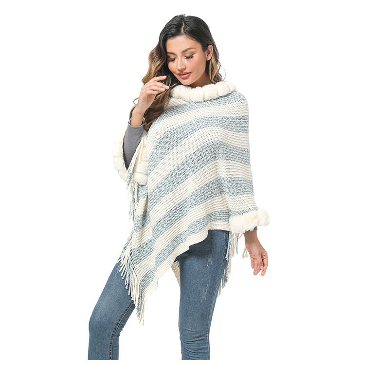 Women's Shawls Imitation Rex Rabbit Fur Collar Knitted Pullover Cape Women's Chenille Warm Striped Shawl Sweater_voghion.com