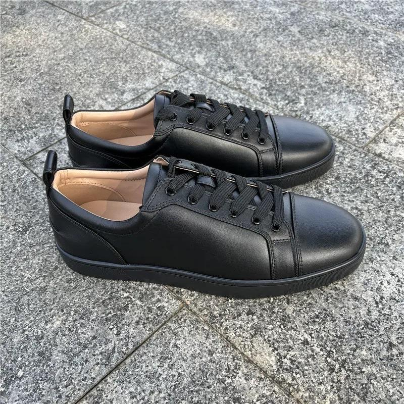 Top-level Version Standard Red Sole Low Top Leather Shoes Rivet Rhinestone Trendy Men's Non-Slip Wear-Resistant Lace-Up_voghion.com
