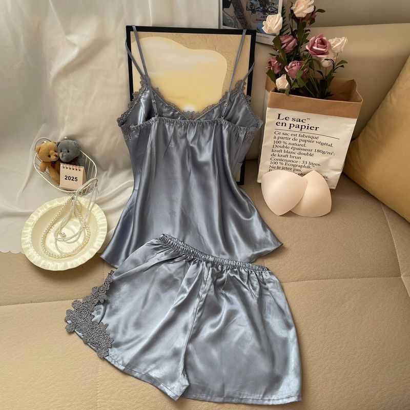 Underwear & Sleepwears Sexy Padded Camisole Sleepwear Set - Summer Satin Lace Bralette & Shorts Two-Piece Outfit For Women, Comfortable Lounge Wear_voghion.com