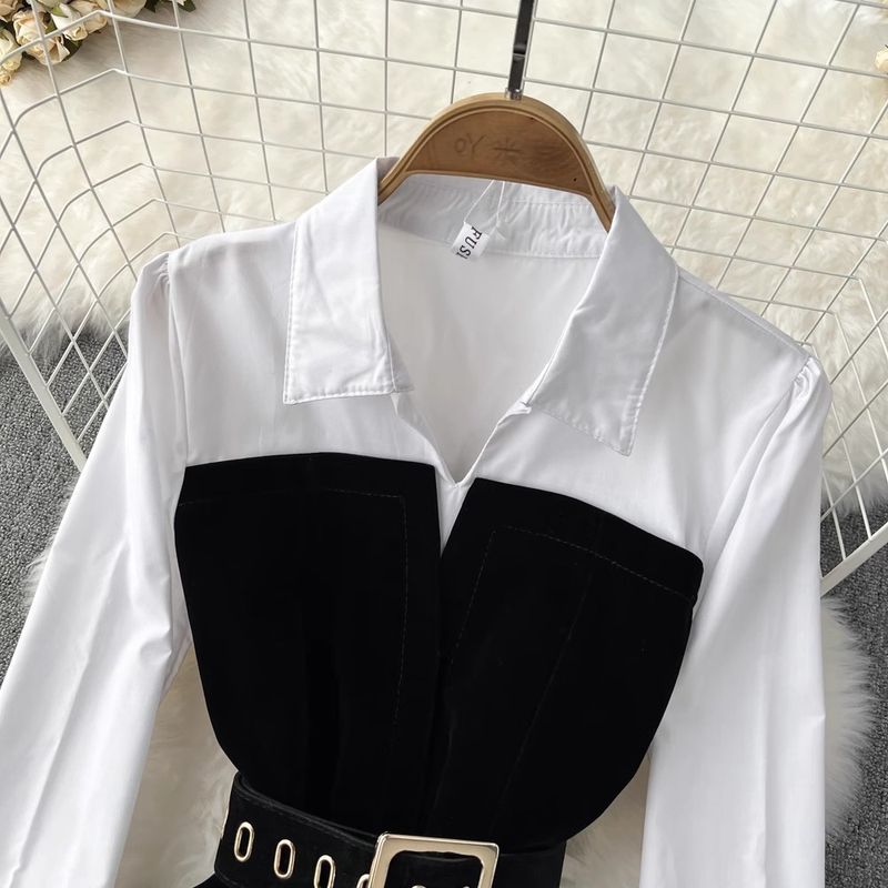 Abiti alla moda per le donne Temperamento Vita alta Camicia a maniche lunghe Vita alta Velluto dorato Piedi piccoli Set due pezzi_voghion.com