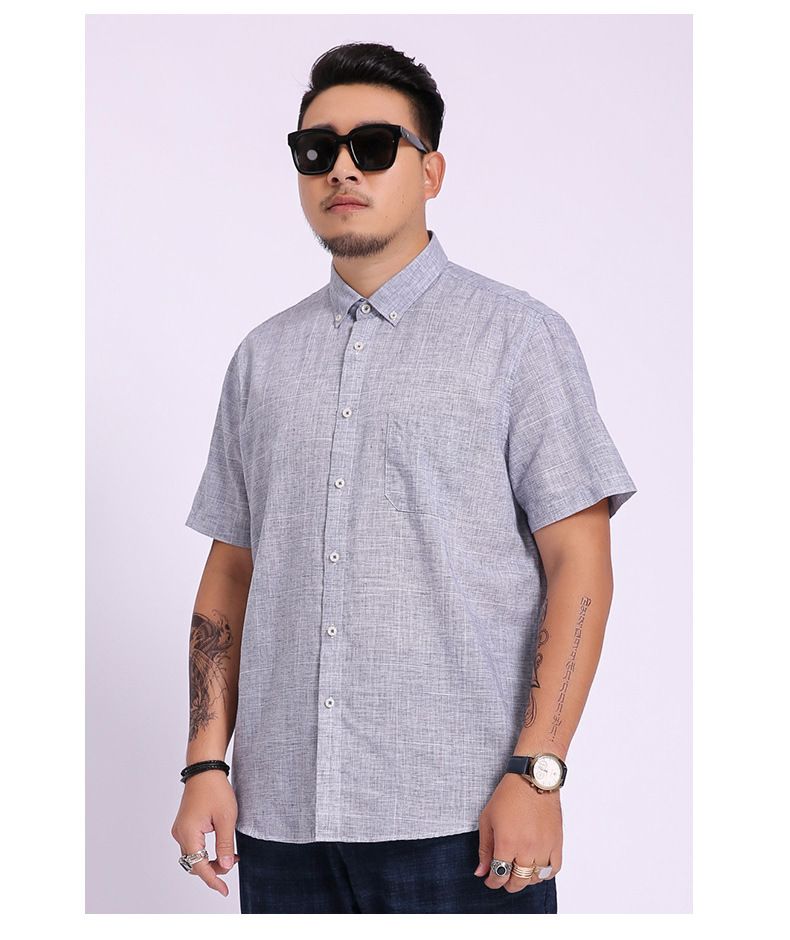 Camicia taglie forti da uomo, casual da lavoro, ampia, in lino tinto in filo, con risvolto, a maniche corte_voghion.com