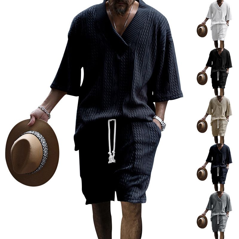 Lässiges Jacquard-Sommer-Set für Herren, lockeres Kurzarm-T-Shirt und Shorts mit V-Ausschnitt, zweiteiliges Sport-Set für Männer_voghion.com