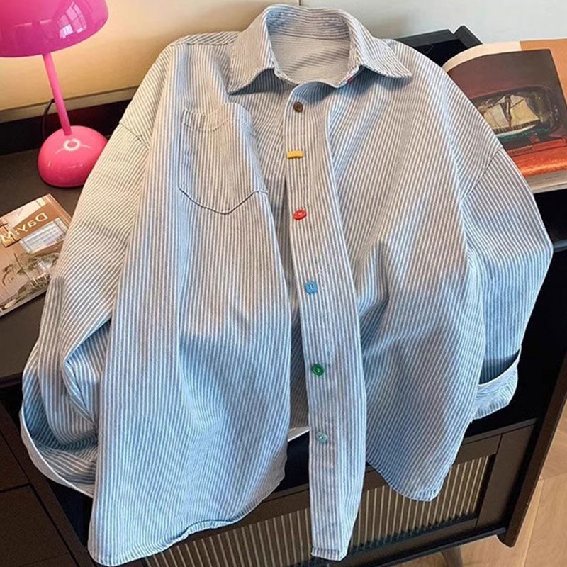 Vintage Blue And White Striped Long Sleeve Denim For Women, Fall 2024 New Design With Colorful Button Turn-down Collar_voghion.com