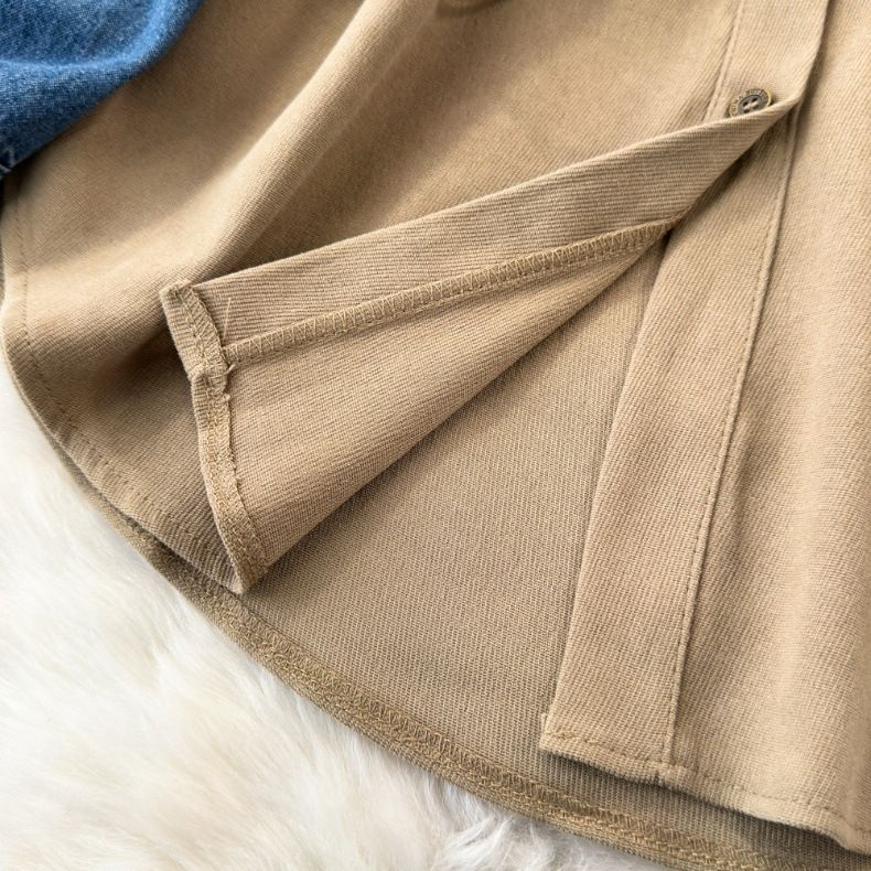 Naisten kaksiosainen pitkähihainen denim-splicing käänne vyötärönauha paita naisten rennot ulkomaiset topit_voghion.com