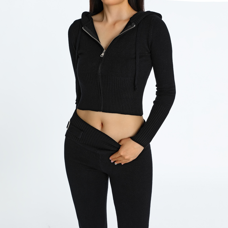 Traje de punto con capucha para mujer, conjunto de dos piezas con pantalones de manga larga y cintura alta, sexy y moderno, estilo europeo y americano, 2023_voghion.com