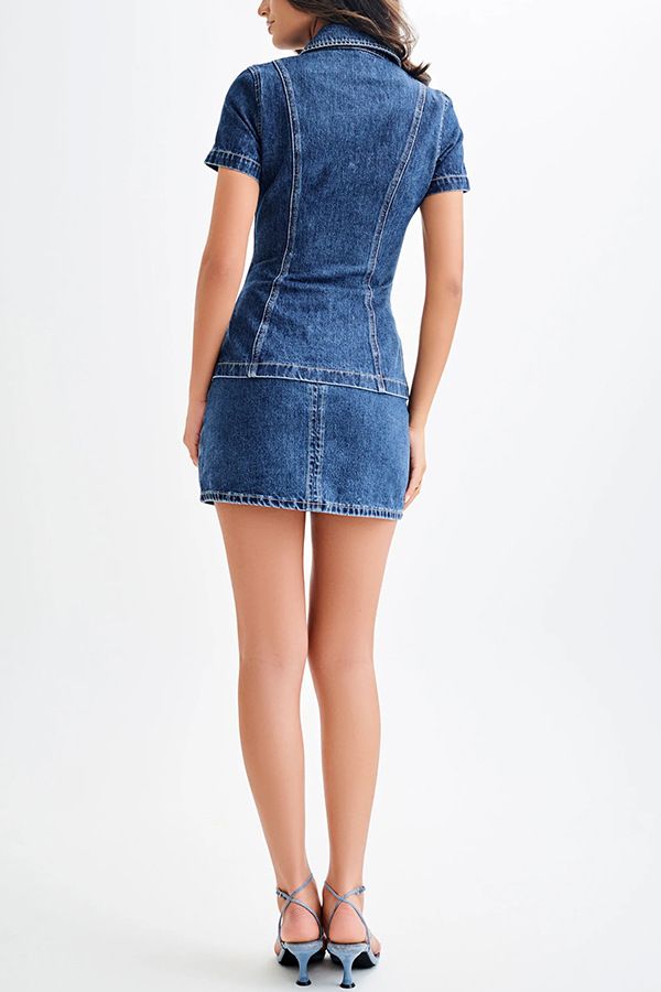 Damenbekleidung Moderner Denim-Kurzarm-Knopf-Rock mit hoher Taille_voghion.com