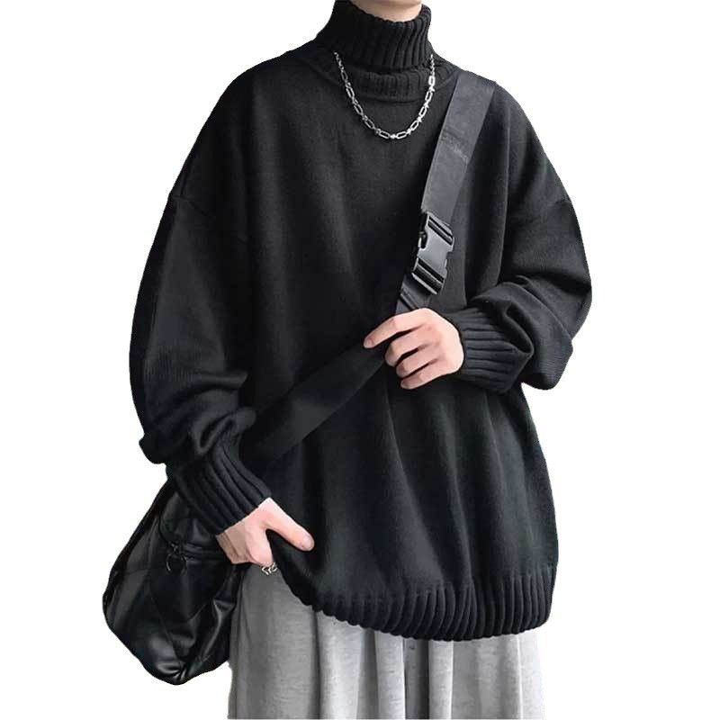 Autumn Loose Knit Sweater Jacket With High Collar And Inner Stitching, Men's Pullover Sweater With Base Layer_voghion.com