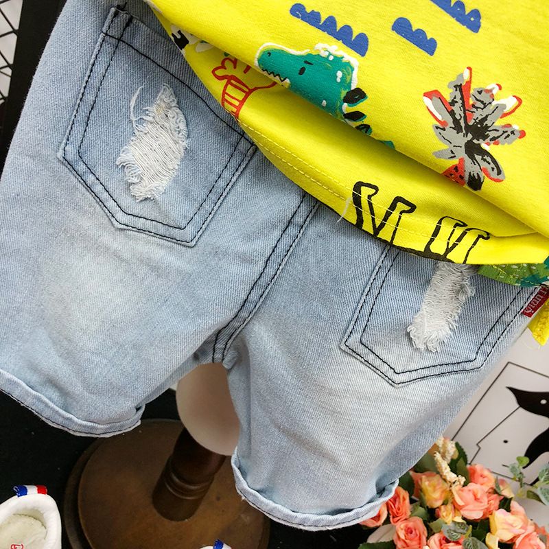 Mother & Kids Boys short-sleeved suit children's short-sleeved T-shirt cotton small and medium-sized children's Korean version dinosaur two-piece suit_voghion.com