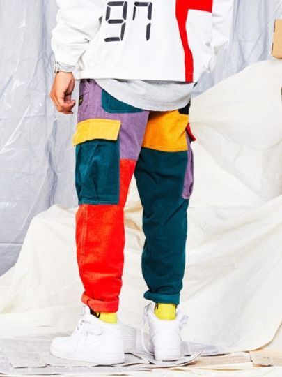 Hot Selling Corduroy Trendy Men's Patchwork Color Block Jeans Casual Slim Cargo Pants_voghion.com