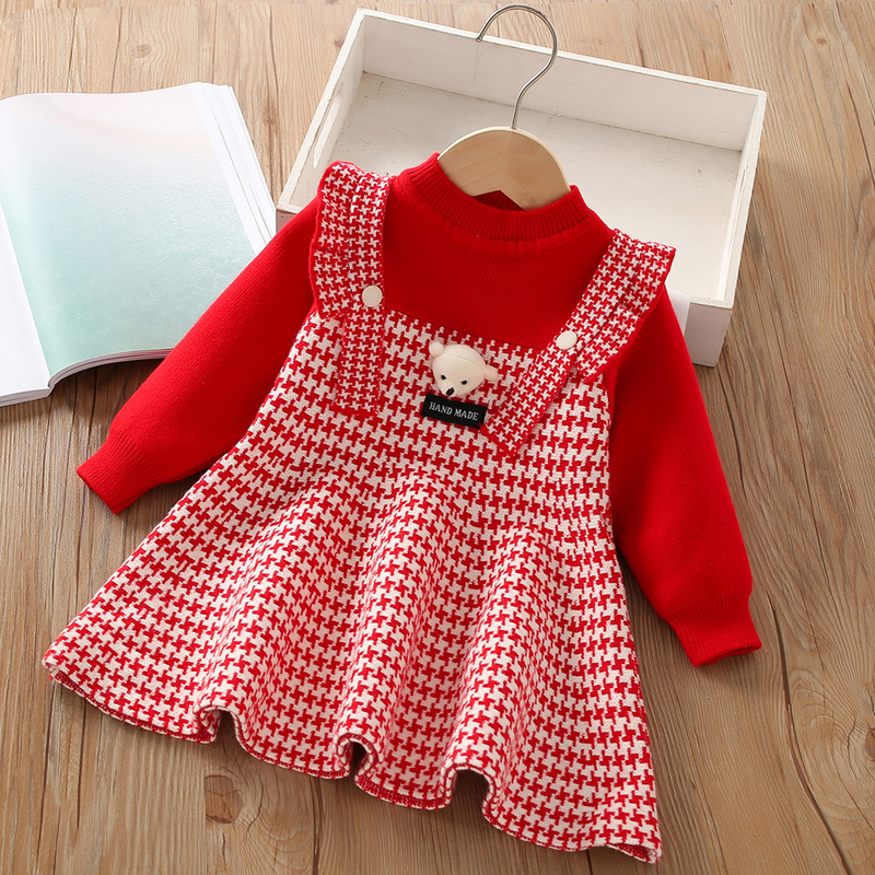 Camisola de lana de estilo occidental para niña, vestido de princesa tejido de dos piezas falso con dibujos animados, otoño/invierno 2023_voghion.com