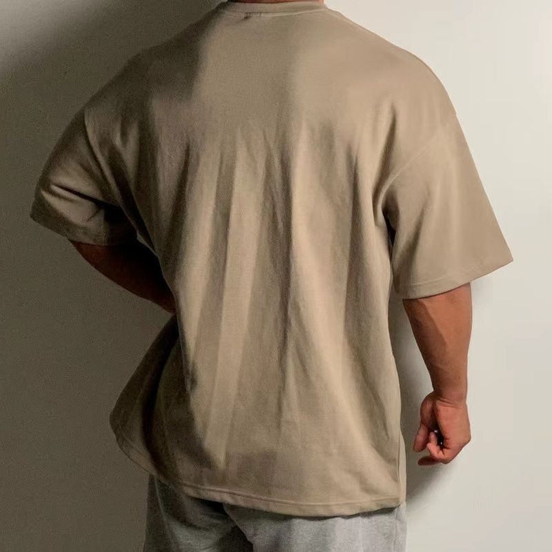 Erkek Giyim Yaz Kısa Kollu Erkek Spor Fitness Eğitim Takımı Rahat Bol Tişört Düşük Omuz Ağır Pamuklu Kısa Kollu Tişört_voghion.com