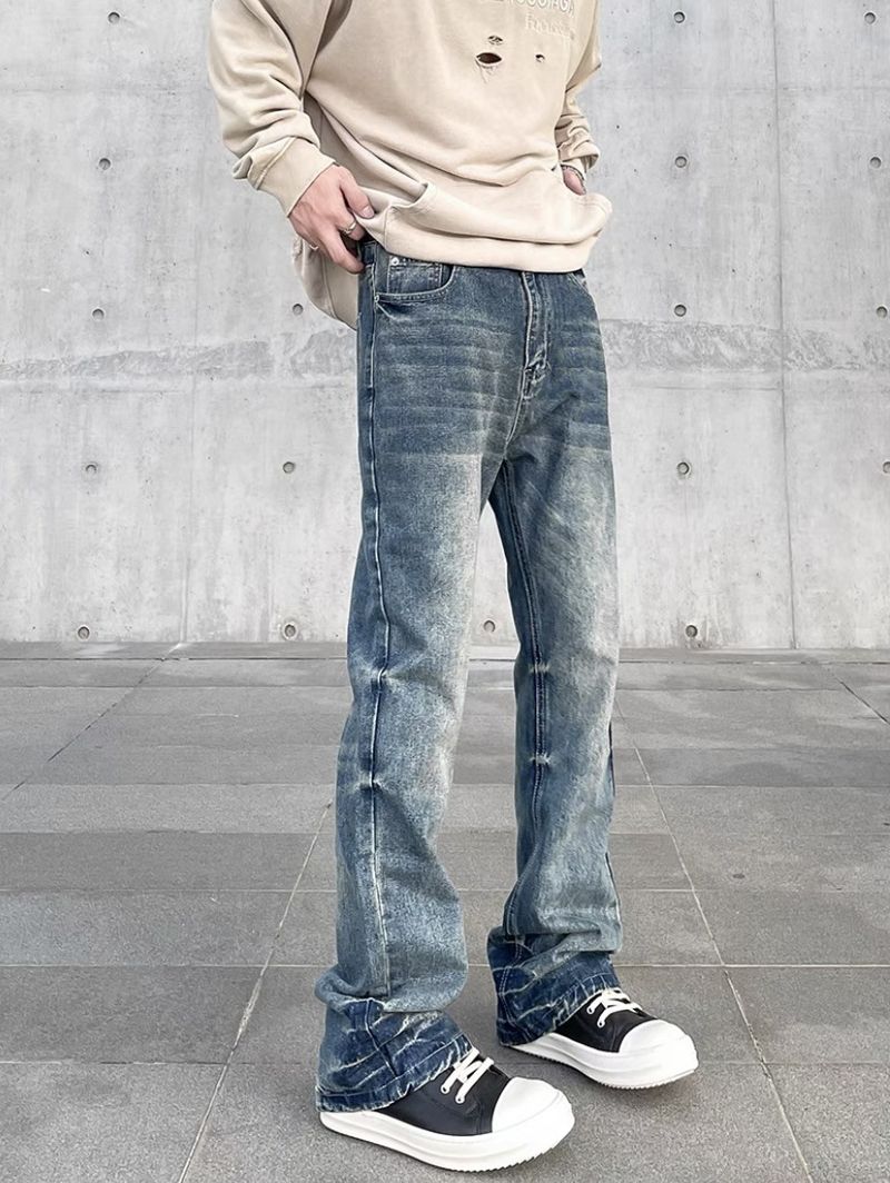 Herrenbekleidung Herren Vintage Washed Denim Jeans - Clean Fit Straight-Leg Bootcut Hose (Hellblau, S-XXL)_voghion.com