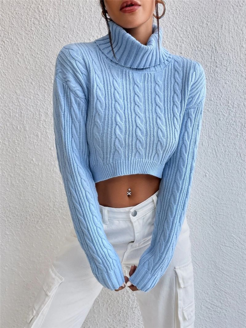 Cropped Cable Knit Sweater – Oversized High-Neck Pullover For Women (Blue/Pink/Gray, S-L)_voghion.com