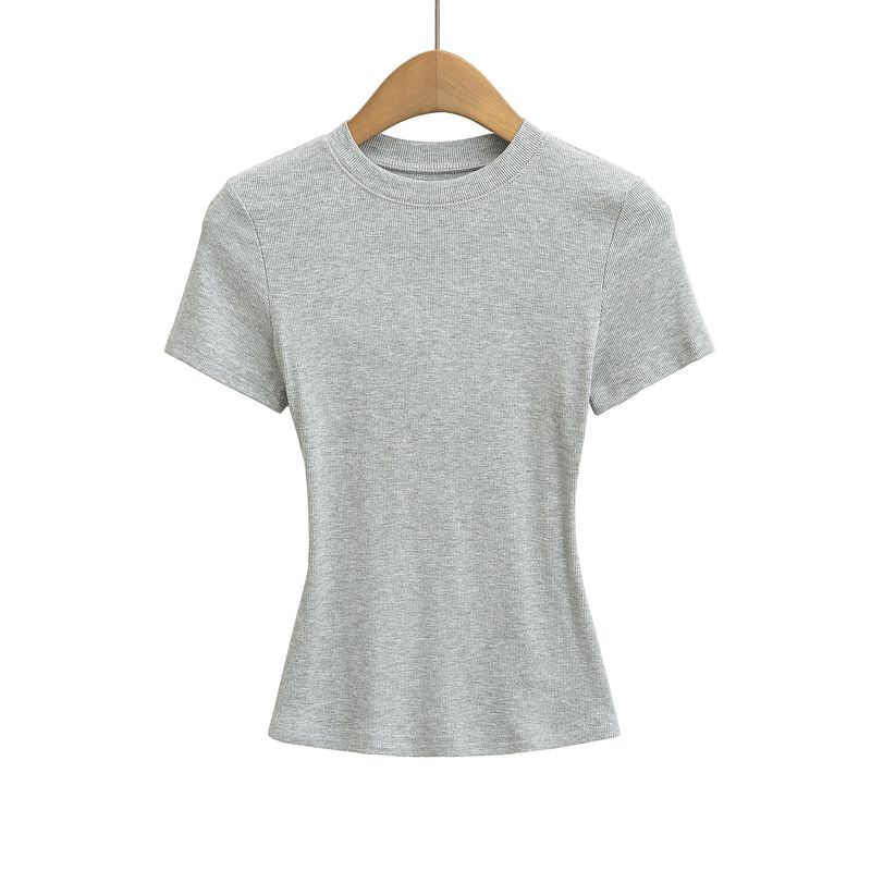 Maglietta sportiva elastica a maniche corte attillata in filo da donna, estiva, aderente, con scollo rotondo, tinta unita_voghion.com