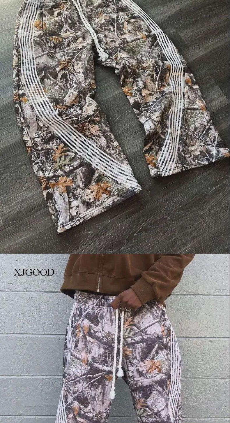 Leaf Camouflage Functional Tactical Cargo Washed American High Street Loose Graffiti Casual Long Pants For Men_voghion.com