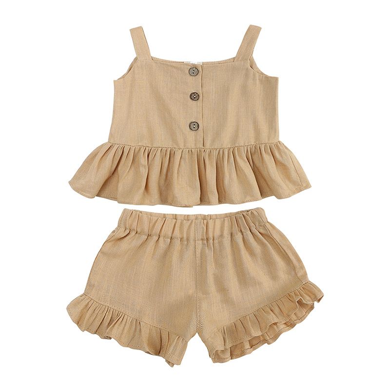Kinderkleding Meisjespakken Zomer Nieuwe Versie Babymeisje Vierhoek Ruffle Broek Mouwloze Tops Twee Stukken_voghion.com