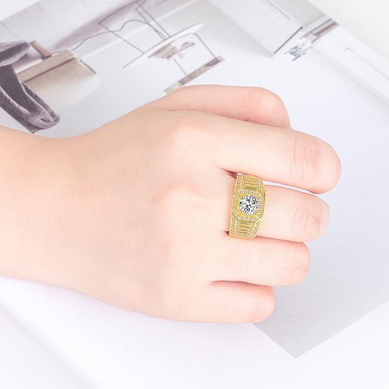 Vergulde, dominante, volle diamanten ring, zakelijke herenring, kleurbehoudende verlovingsring met dubbele rij diamanten_voghion.com
